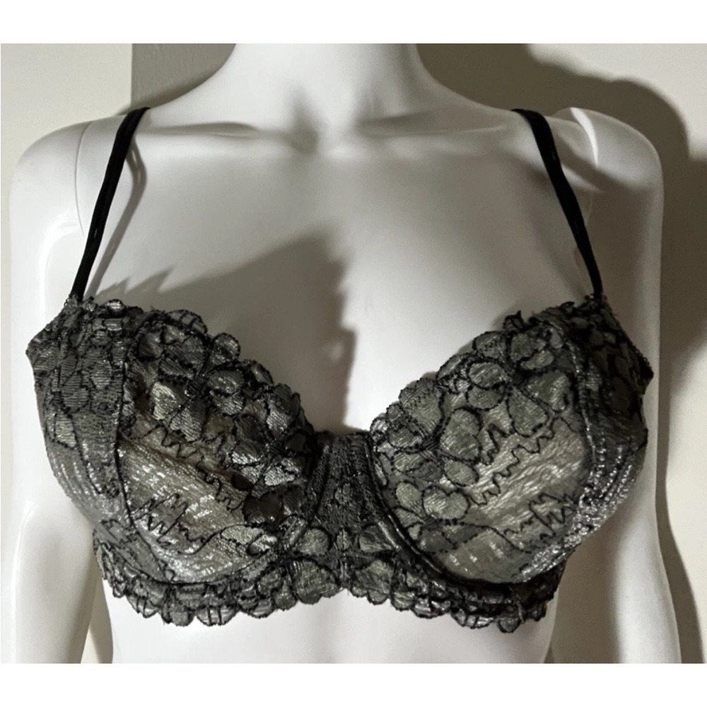 SOLD La Perla Studio Floral Semi Sheer Silver Gray & Black Lace Bra IT 2 USA 34B